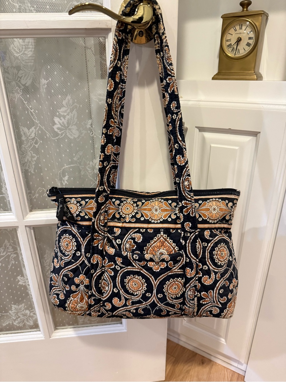 Vera Bradley Quilted Shoulder Tote in Black and Tan Floral Paisley